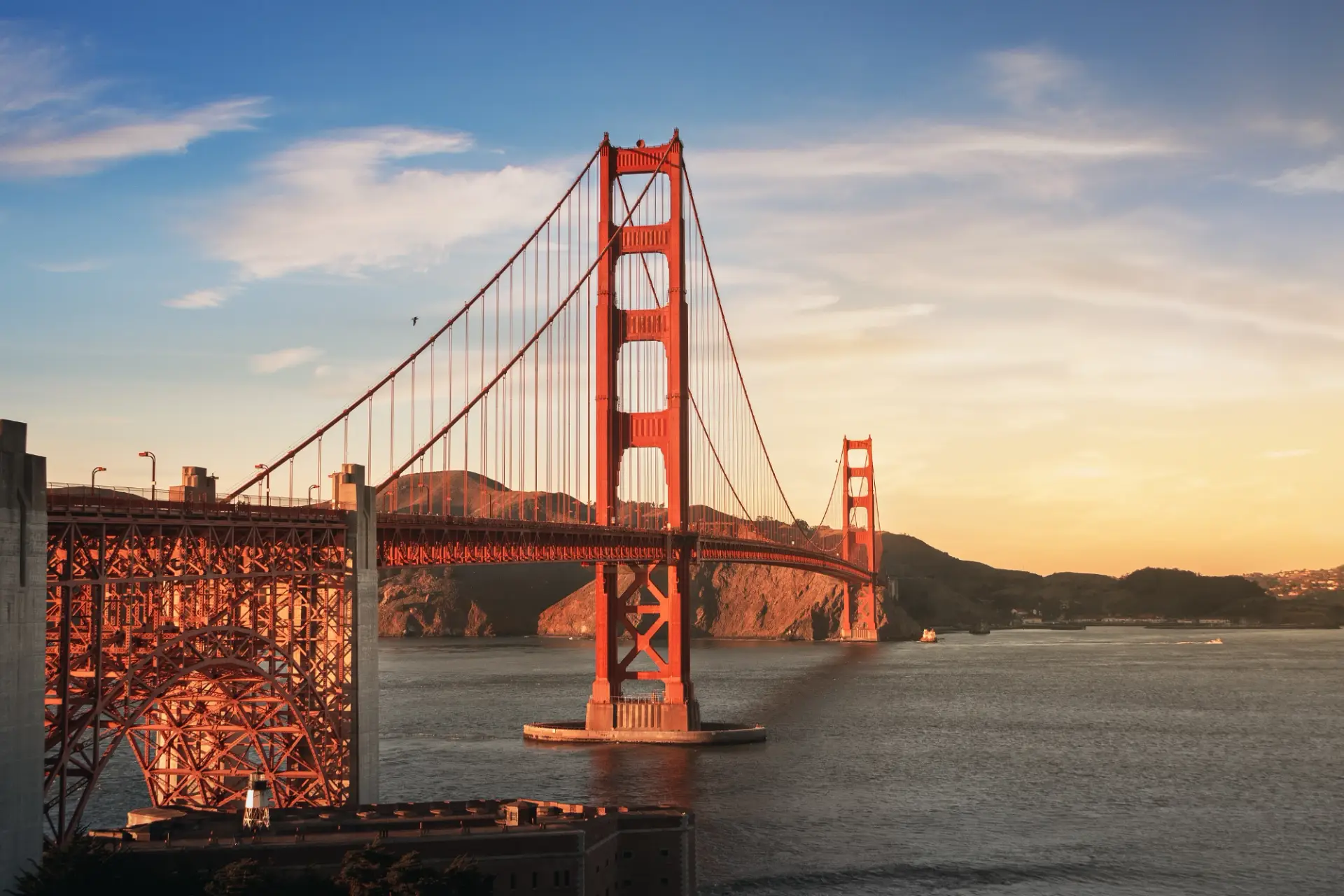 Golden Gate Bridge at sunset in San Francisco, California.